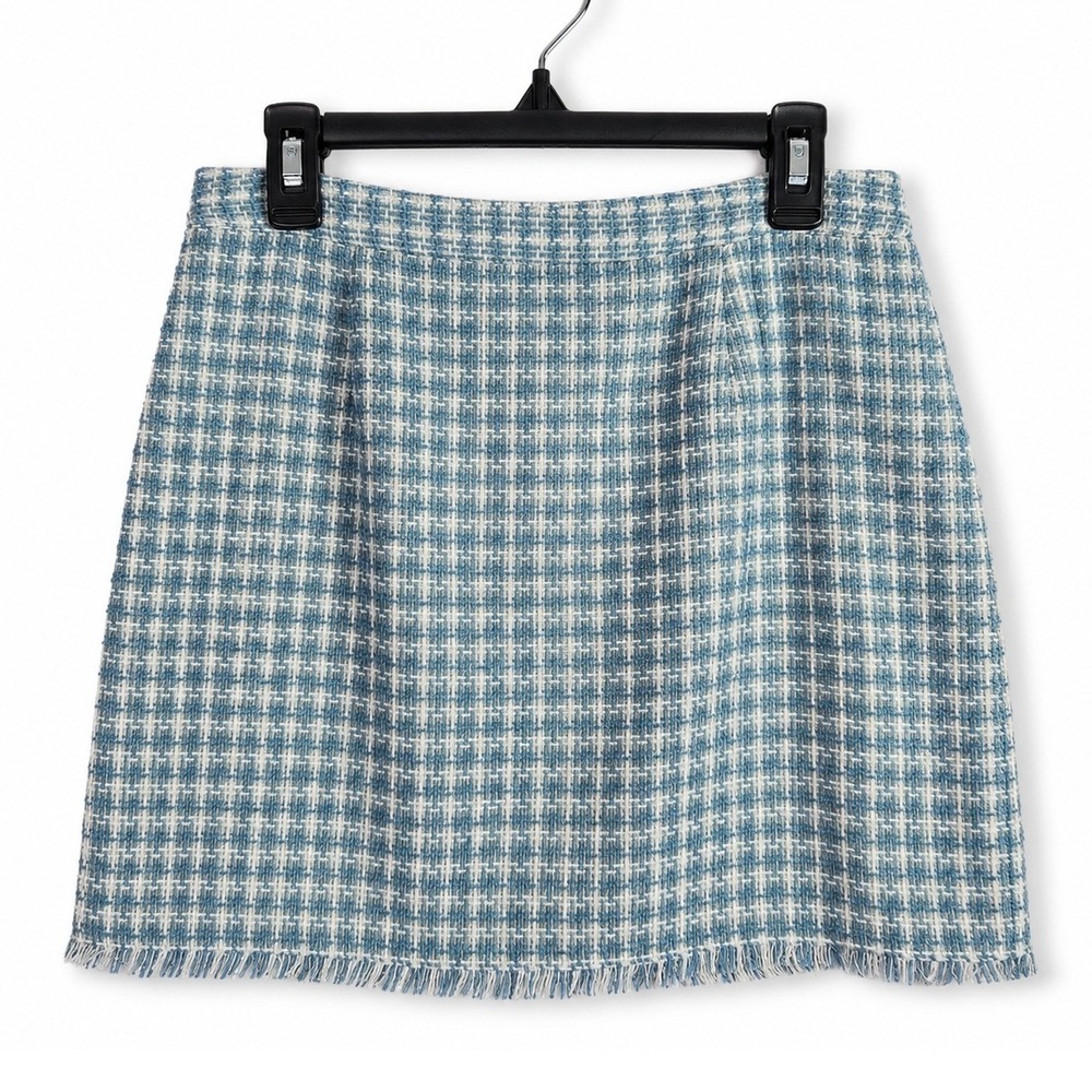 Preston & York Joan Tweed Skirt Womens 16 Mist Blue White Frayed Hem Chic Preppy